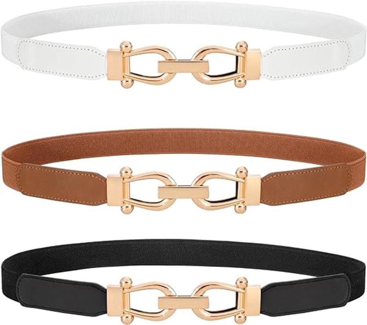 Elastische tailleband - Driedelige set - Riem zonder gesp - Echt leer - Damesriem - Gouden gesp - Geschikt voor jeans, jurken en broeken - 80*2,5 cm - Zwart + B