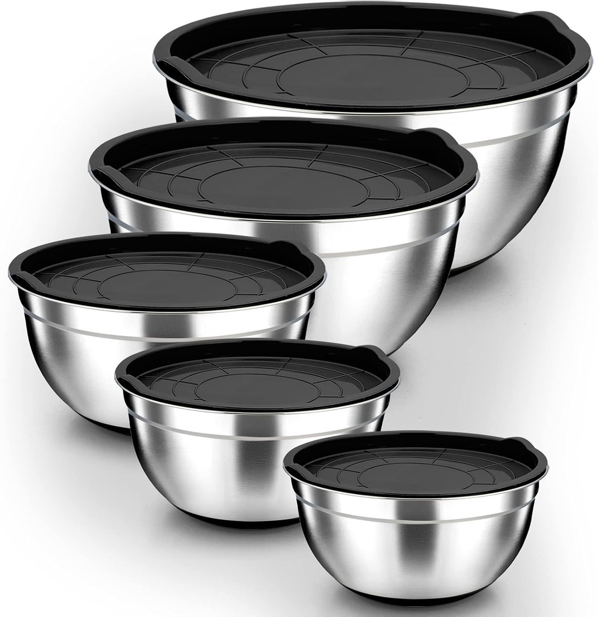 5-delige RVS Mengkom Set met Zwarte Deksel en Siliconen Basis - Multifunctionele Stapelbare Saladeschalen, Vaatwasserbestendig, Ideaal voor Koken en Serveren, Capaciteit tot 6.6L