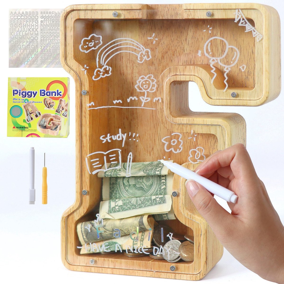 Solidchoice - Persoonlijke Houten Spaarpot met A-Z Letters voor Kinderen