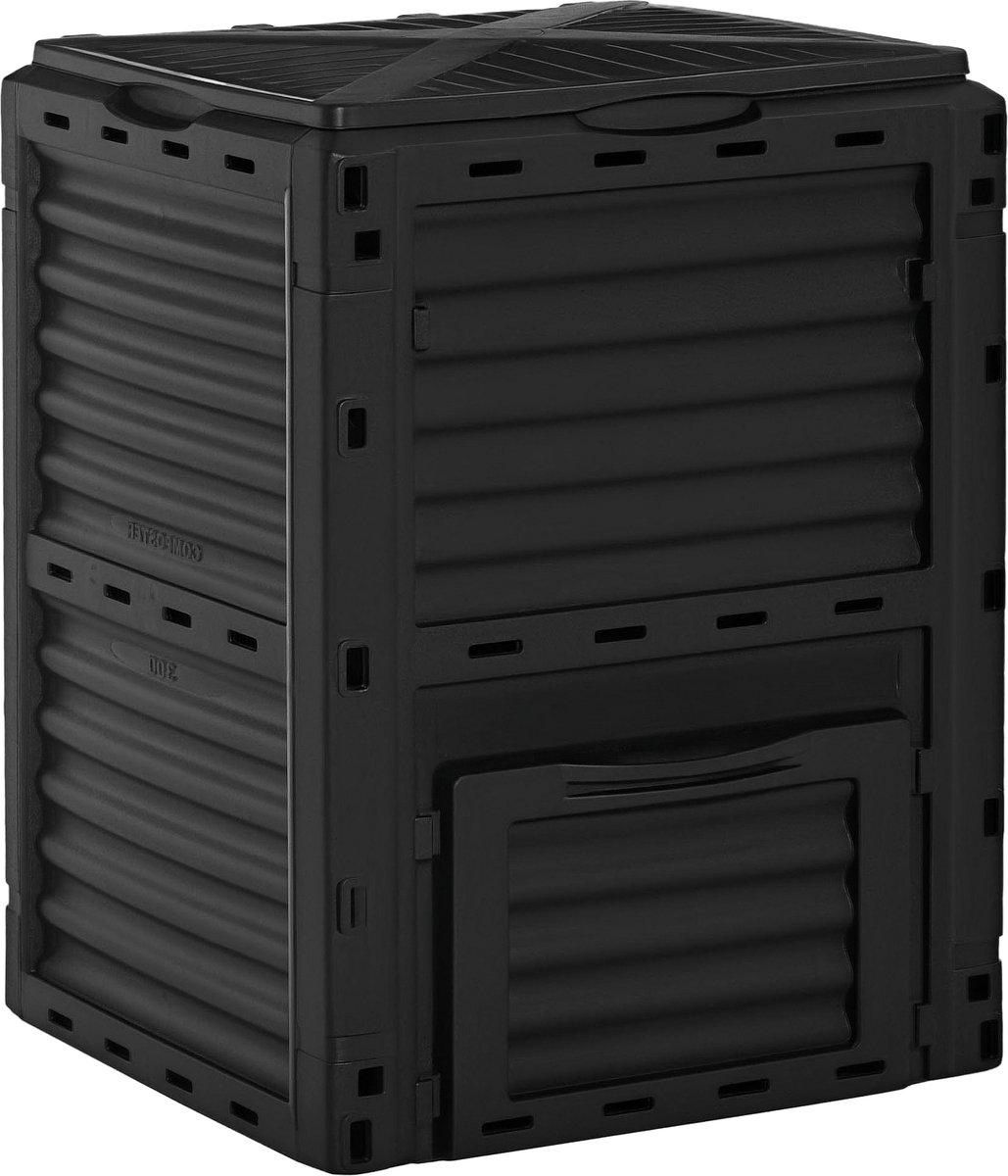 Tuincompostbak - 300 liter - van polypropyleen - 48 ventilatieopeningen - praktisch en veilig deksel - 60,5 x 60,5 x 81,5 cm - zwart