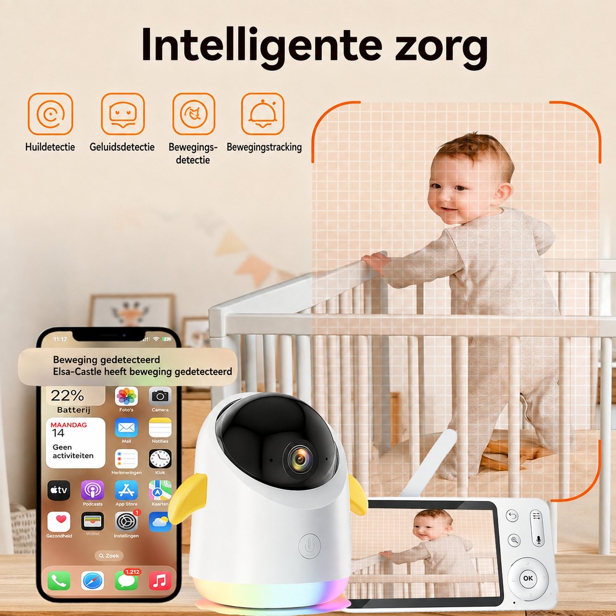 Babyfoon met 2 Camera's en App - 2K/3MP - 360° Beeld - 5" WiFi Video Babyfoon - RGB-Nachtzicht - Huil-, Bewegings-en Geluidsdetectie - 4x Zoom thumbnail 3