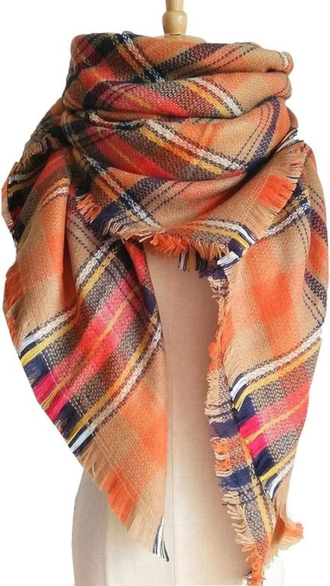 - Driehoek Wintersjaal - Geruit Patroon - Oversized - Dekensjaal - Kwasten - Vierkant - Herfst- en Winteraccessoire - Oranje Strepen - Damessjaal - Geschikt voor Koude Seizoenen