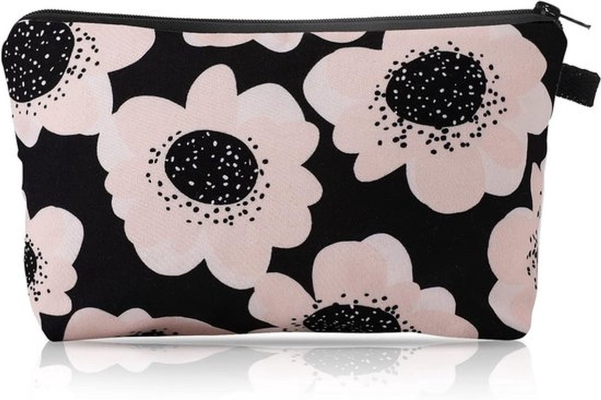 Mini Nylon Cosmetische Toilettas - Zwarte Bloem Make-up Organizer voor Vrouwen