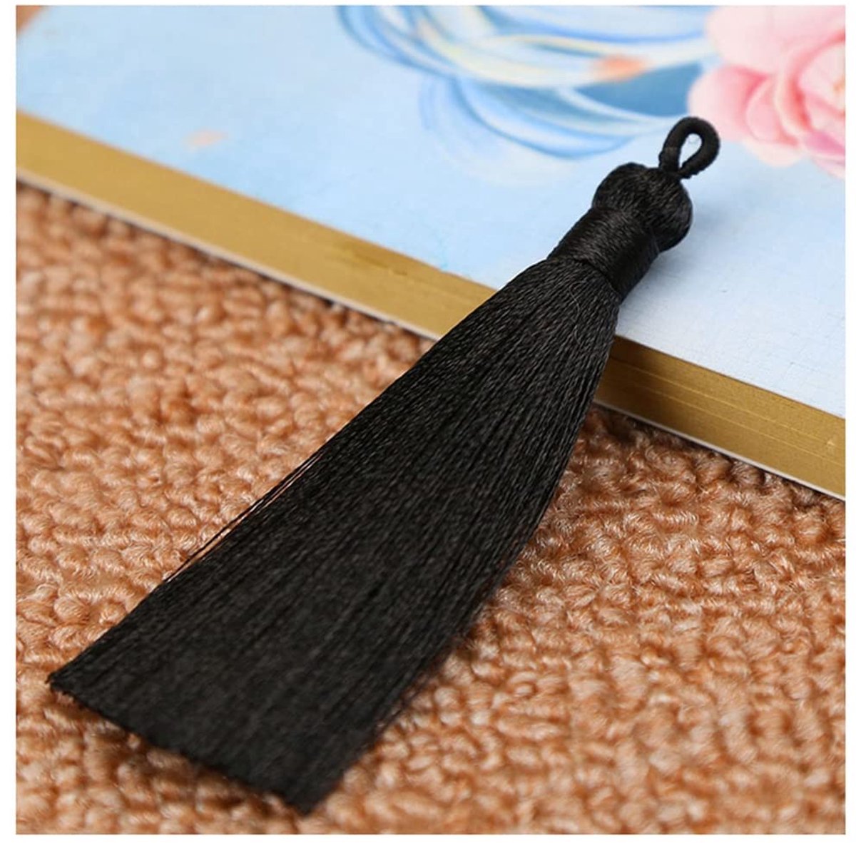 10 stuks 8 cm handgemaakte kwasten hangers franjes met ijs-zijdeachtig koord lussen floss bladwijzer souvenir doe-het-zelf kleding handwerk accessoires zwart