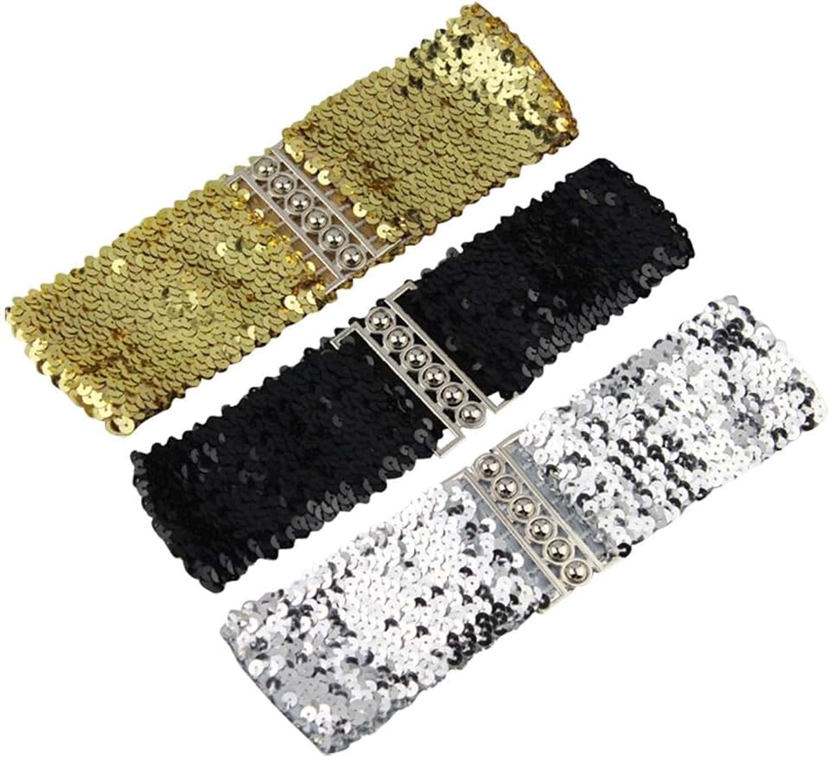Riemen voor dames, glinsterende riem, elastische paillettenriem, glinsterende riem, accessoires voor kostuums, Zwart, M