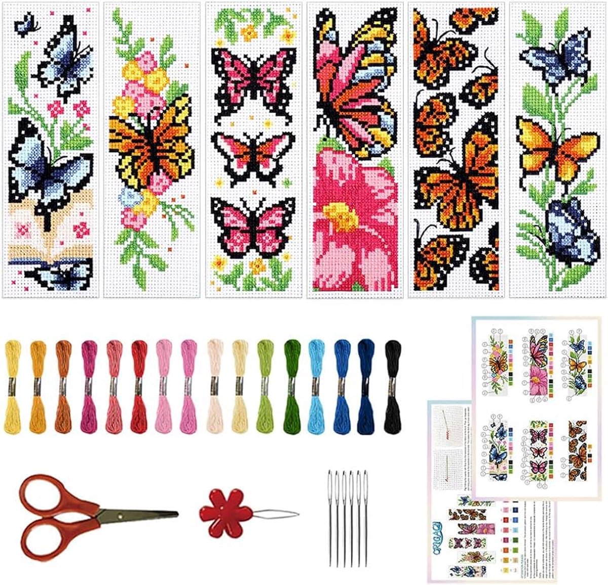 6 stuks kruissteek bladwijzer kit voor beginners volwassenen, vlinders en bloemen gestempeld borduurwerk bladwijzer kit met instructies voor starters bedrukte kruissteek DIY kits voor