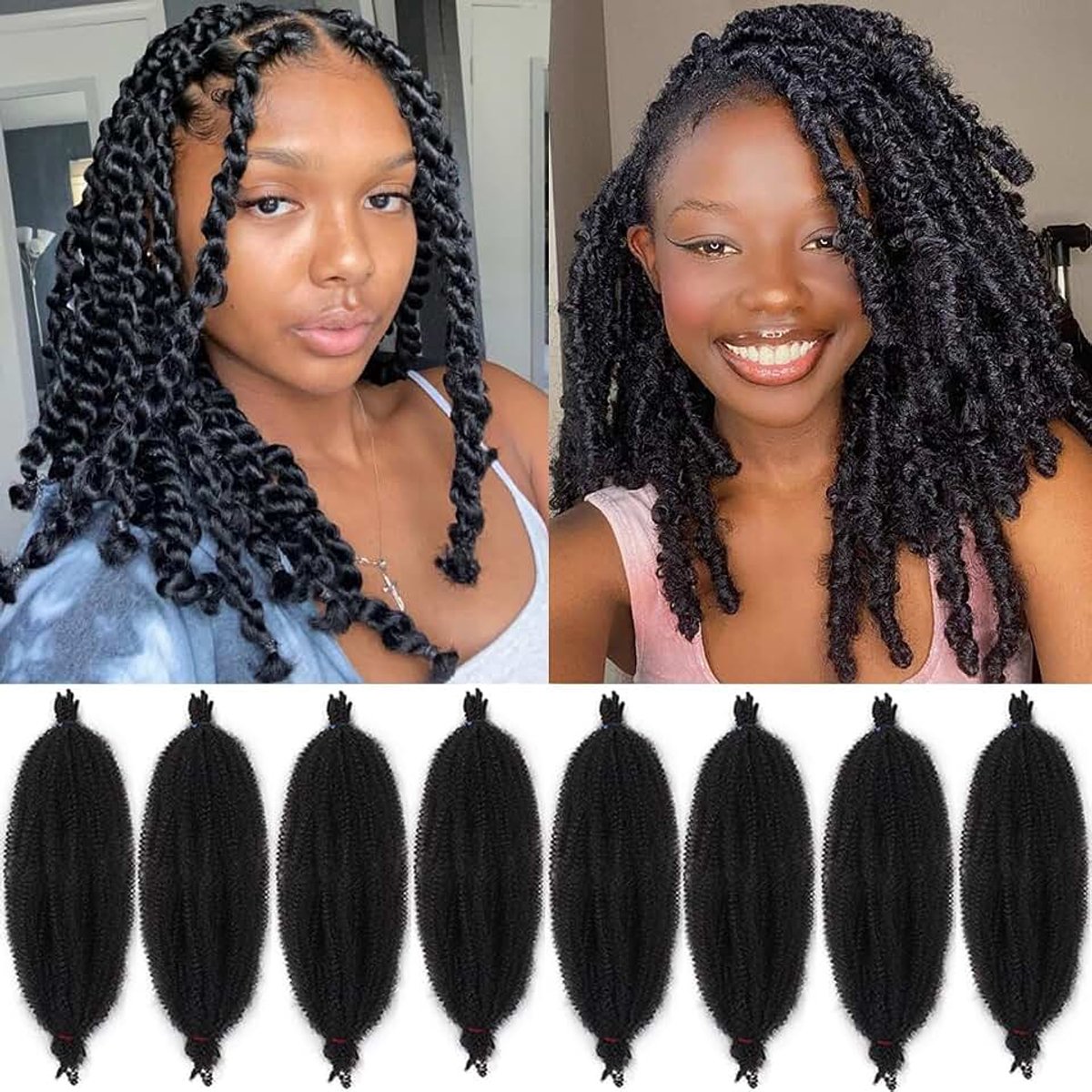 8 Inch Springy Twist Haar voor Afro Marley Locs 8 Packs Afro Kinky Krullend Marley Vlechten Hair Extensions Pre Gescheiden Popping Spring Twist Haak Haar voor Verontruste Lokken /1B #