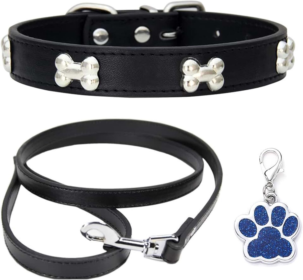 Leren halsband, hondenriem, comboset, hondenhalsbanden, verstelbare puppyhalsband voor kleine, middelgrote honden en katten, zwart, M