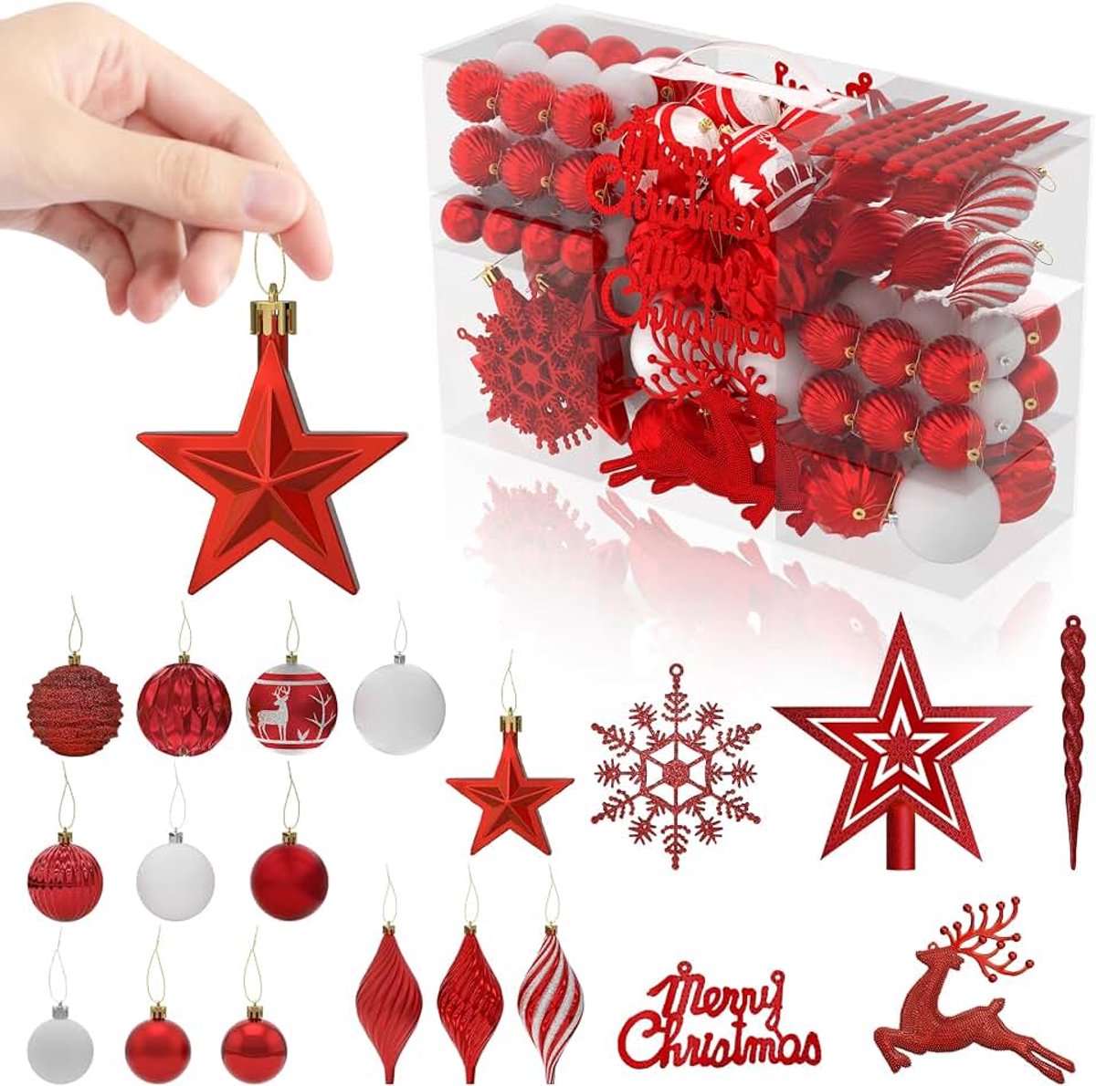 Kerstballen, set van 108 kunststof kerstballen incl. sterren, sneeuwvlokken en rendieren, glanzend met glitter, Ø 3, 4 en 6 cm, plastic ballen, kerstboomballen, incl. haken (rood)