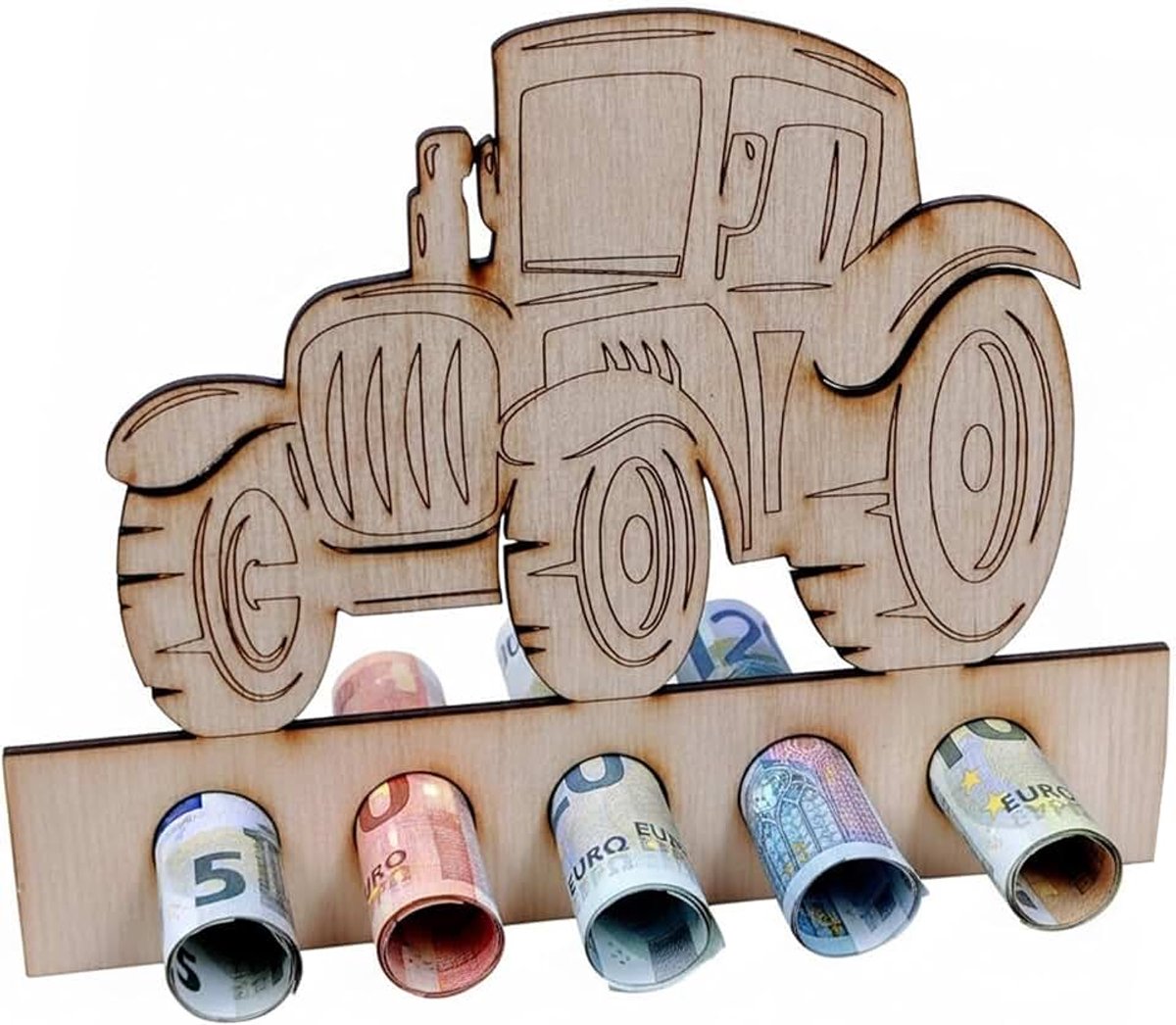 Houten tractor geldgeschenkhouder, handgemaakt, decoratieve geschenkverpakking met geldhouders, model Trakt-geld-01, cadeau-idee voor verjaardagen
