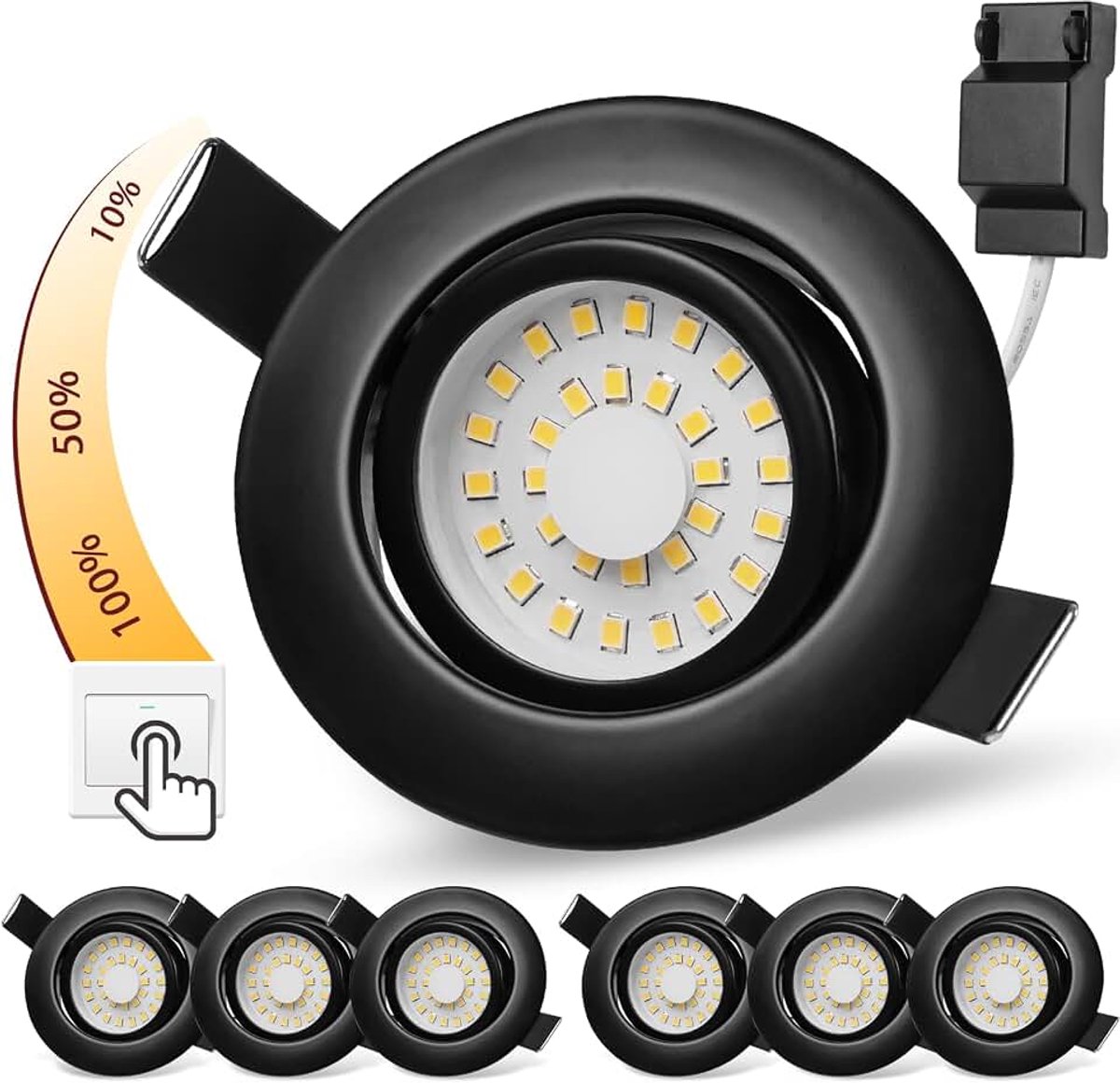 Led-inbouwspot voor gipsplaten, dimbaar, 5 W, zwart, ultradunne LED-spot, 45° draaibaar, warm wit 3000 K, 500 lm, gatdiameter 68-75 mm, IP44 inbouwspot, set van 6