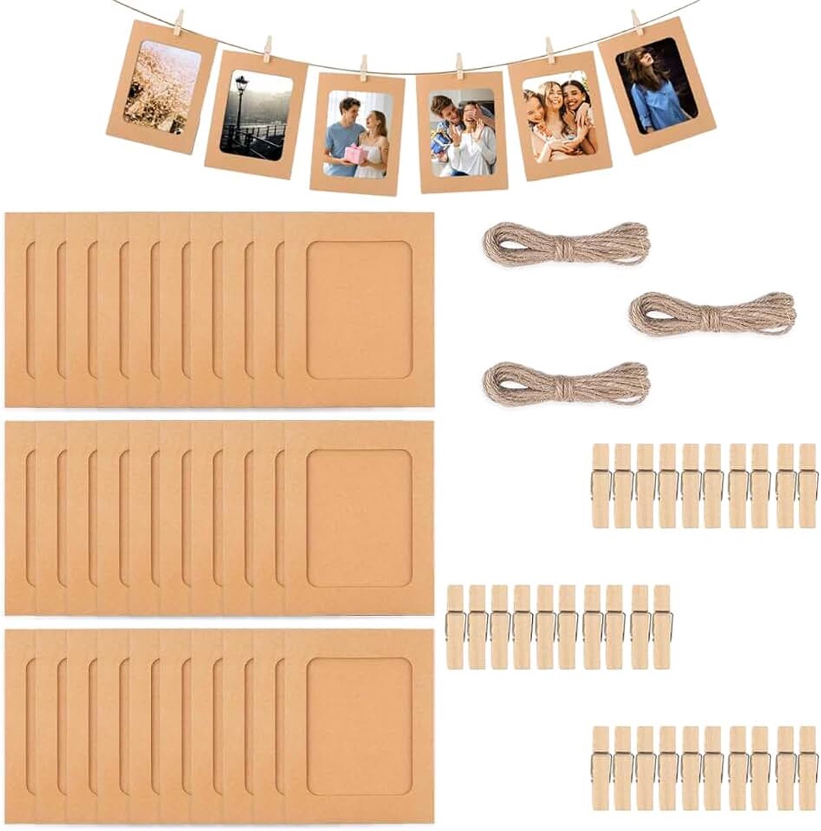 30 Stuks Bruin Kraftpapier Fotolijst, 15,5 X 11,5 cm Papieren Fotolijst | met Houten Klemmen en Henneptouw, Fotoslinger om op te Hangen voor Verjaardag, Bruiloft, Jubileum