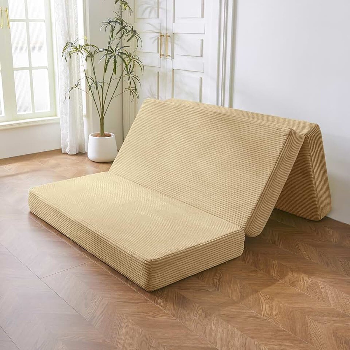 Opvouwbare cordmatras, drievoud opgevouwen vloermatras dik, met wasbare overtrek, ruimtebesparend voor gasten (Kameel, 135x190cm-10cm)