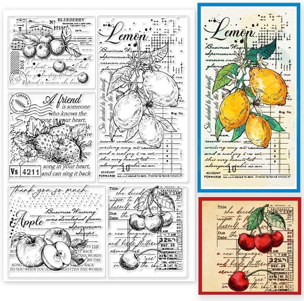 Transparante stempels met vintage fruitachtergrond en grunge motieven voor doe-het-zelf scrapbooking, retro woorden, siliconen, stempelzegel 21 x 15 cm voor kaarten