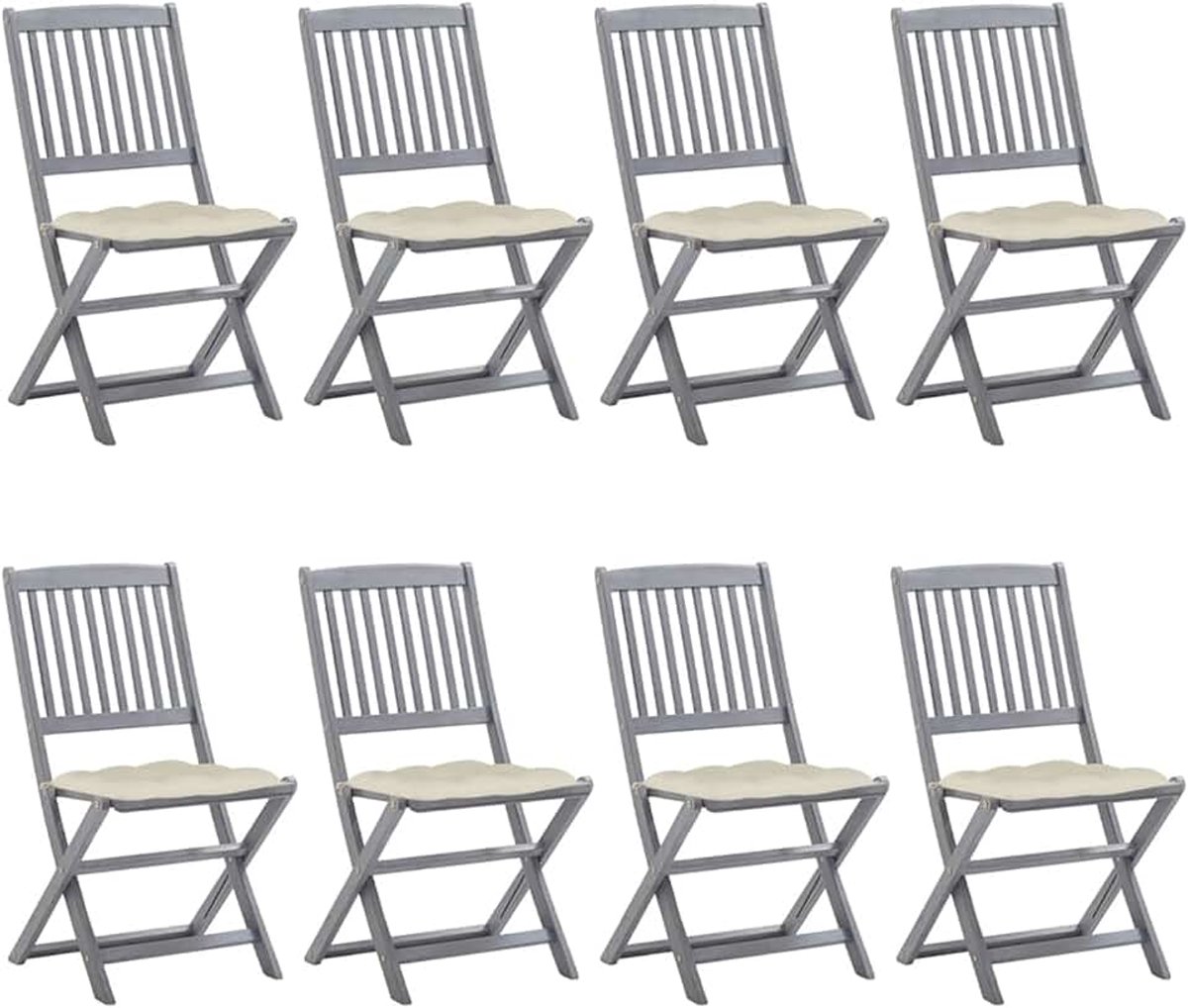 Inklapbare tuinstoelen, 8 stuks, met kussens van massief acaciahout, stoelen voor binnen en buiten, eetkamerstoelen voor tuin, tuinmeubelen, crèmekleurig