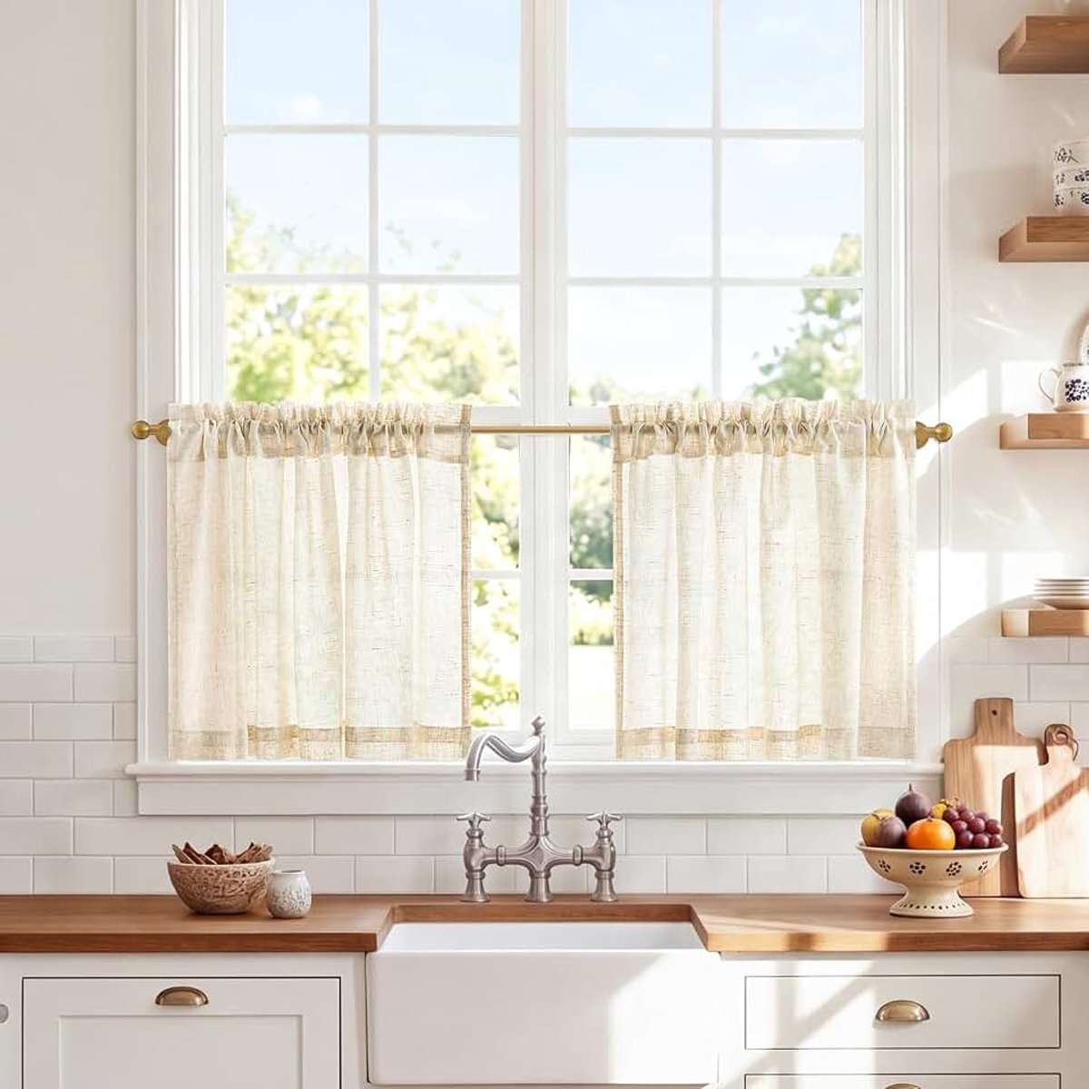 Gordijn voor keuken, kort, raam, slaapkamer, kast onder de gootsteen, 90 x 45 cm, modern, set van 2 stangen, textiel, Boheems, klein gordijn, inkijkbescherming, van natuurlijk linnen, gemengd