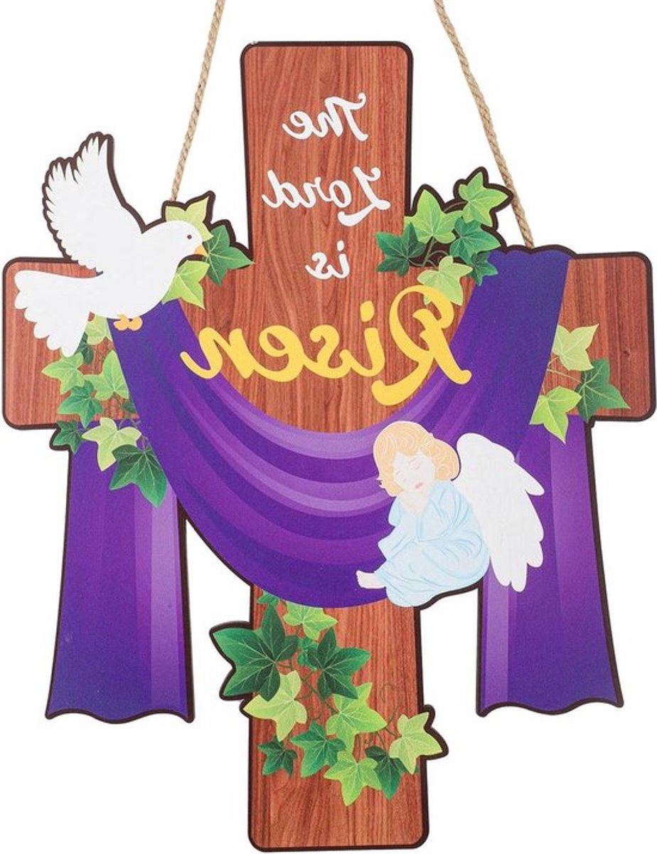 Paasdecoratie met Houten Krans en Engel Ornamenten voor Veranda en Muur met Christelijke Thema.