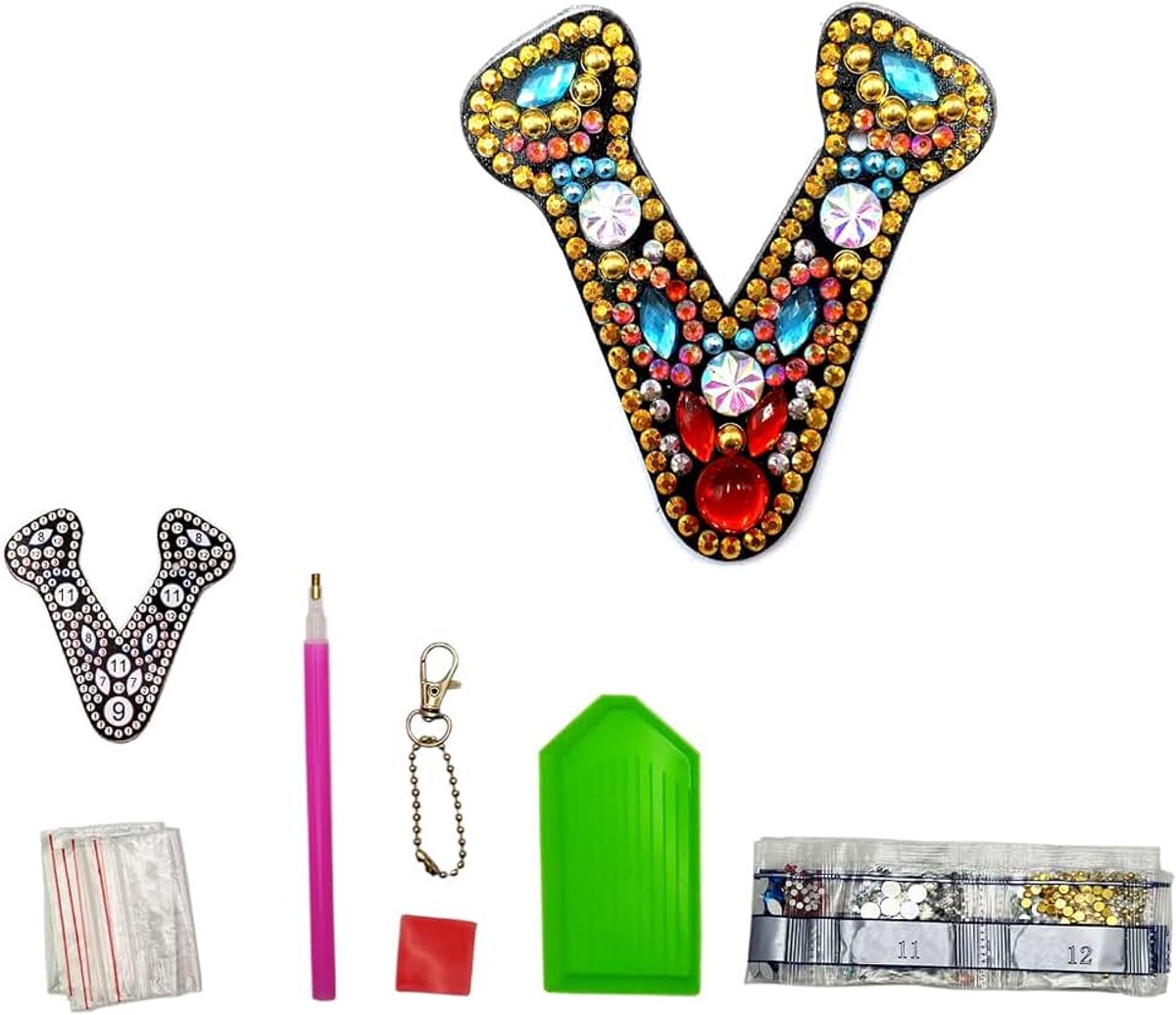 Sleutelhanger met tekst V DIY diamantschilderij, retro diamond painting, aan beide zijden van acryl, doe-het-zelf kunst, strass, diamant, schilderij kits voor hanger, tas, decoratie, broche