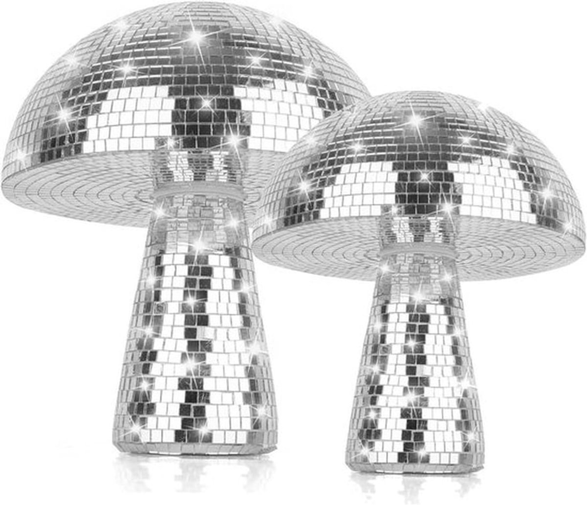 Disco paddenstoelen decoratie set van 2 - Grote spiegel paddenstoel voor huisdecoratie en podium - Zilveren discobal accessoires met speelse uitstraling
