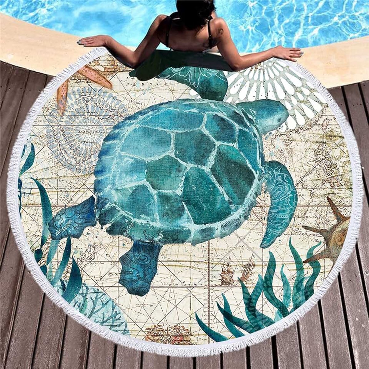 Strandhanddoek, zeeschildpad, microvezel, strandhanddoek voor stranddeken, badhanddoek, yogamat, campingdeken, picknickdeken, handdoeken met kwastjes, 150 cm (blauw-schildpad 2)