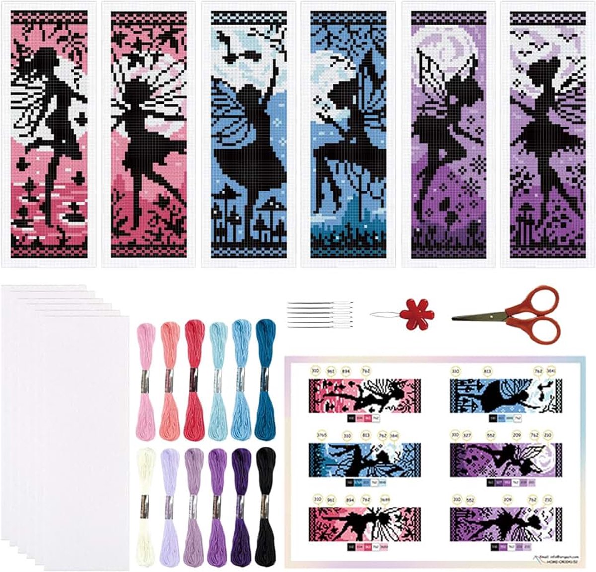 6 Set Fairy Silhouet Kruissteek Bladwijzer Kit voor Beginner | DIY gestempeld borduurwerk bladwijzer kit met rug vilt floss instructies voor volwassenen, boekenliefhebbers 21,7 x 7,6 cm