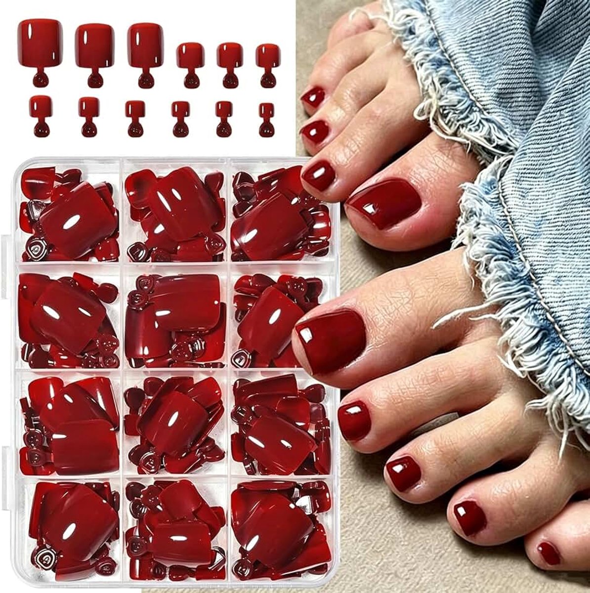 144 stuks kunstteennagels, rood, press on teennagels met plakstrips, zelfklevende teennagels voor perfecte pedicure, eenvoudig in gebruik, voor sandalen en strand, duurzaam en herbruikbaar