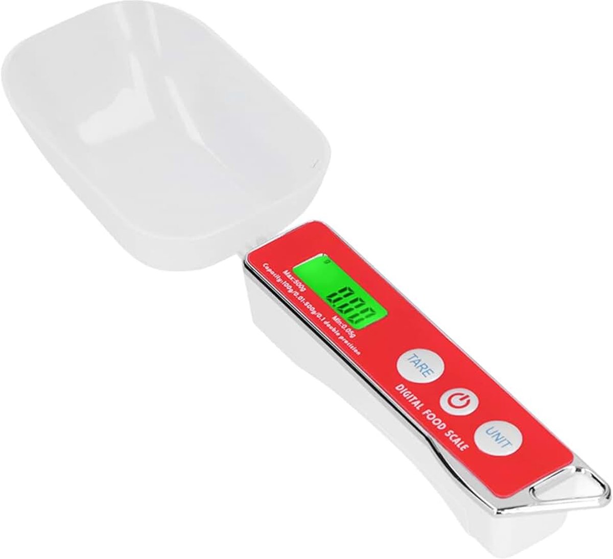 Maatlepel, 500 g/0,1 g, digitale weegschaal, lepel, keuken, elektronische weeglepel met lcd-display, voor koffiekoken, bakken, rijstmeel, specerijen, rood