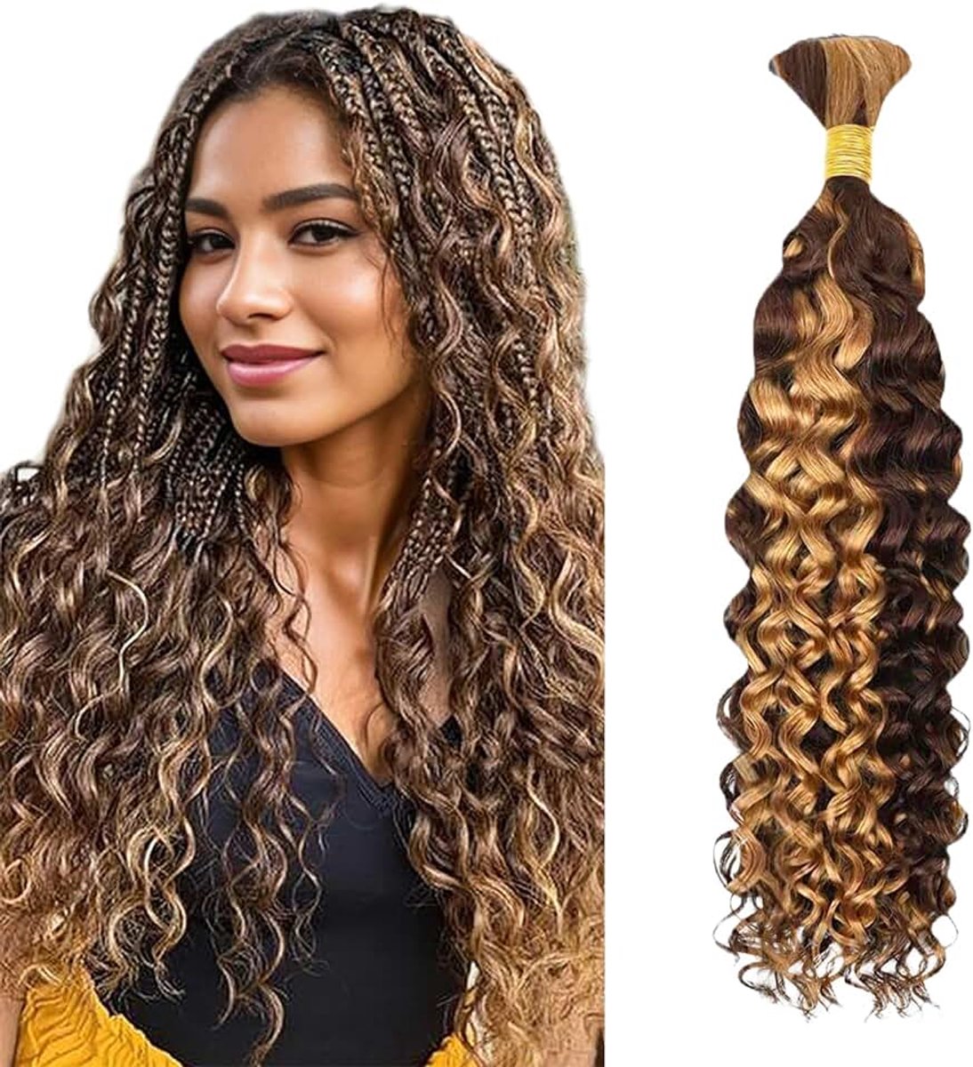 Wave Bulk Human Hair for Braiding 1 Bundles 50g 22 inch 100% Unprocessed Brazilian Virgin Human Hair Boho Braids Hair Human Braiding Hair No Weft Highlight Ombre P4/27 Color