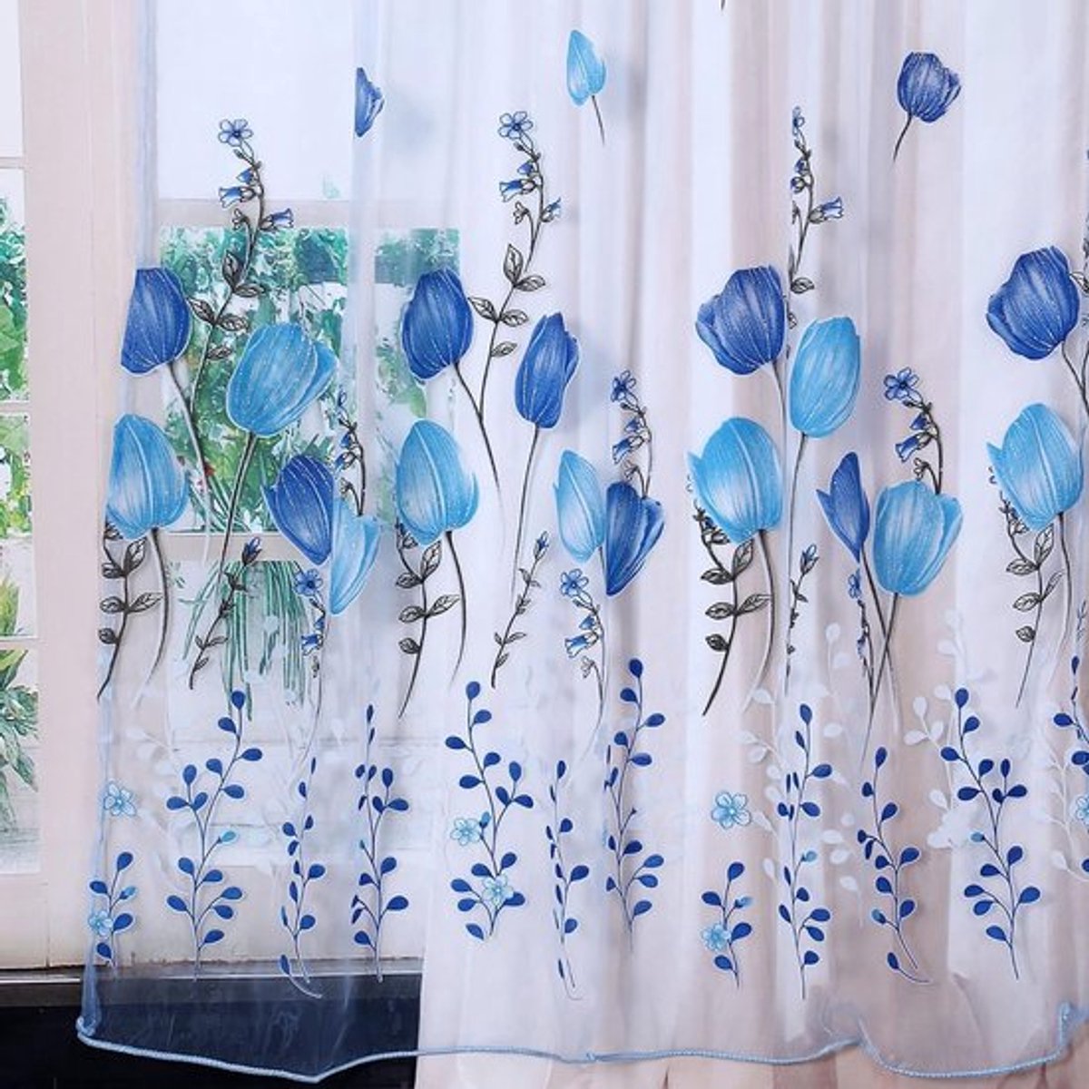 Kleurrijke Tulpen Gordijnen Tule - Transparant - Balkon Woonkamer Slaapkamer Keuken Decoratie - 100 x 200 cm - Polyester - Blauw
