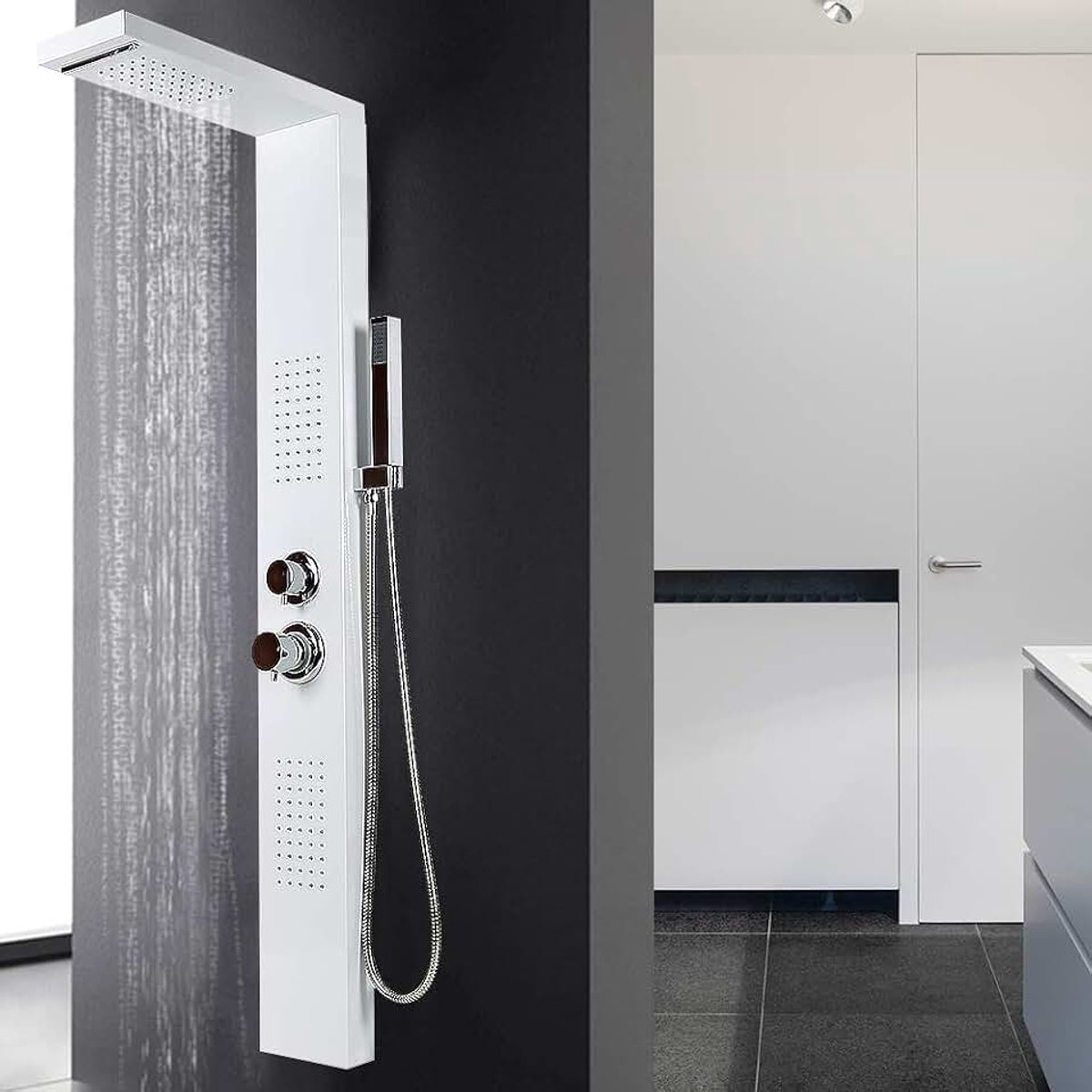 Regendouche Panel roestvrij staal, multifunctionele waterval douche, Top Spray + hoofd douche+handdouche+douchepaneel kolom toren Body Jets Kleur: wit