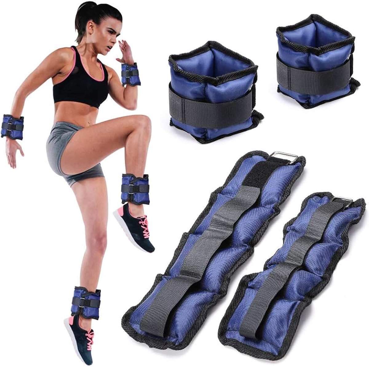 Set van 4 gewichten voor polsen en enkel, 2 kg + 1 kg, training, fitnessstudio, aerobic, fitness, spieropbouw, van neopreen met klittenbandsluiting en verstelbare gesp (blauw)
