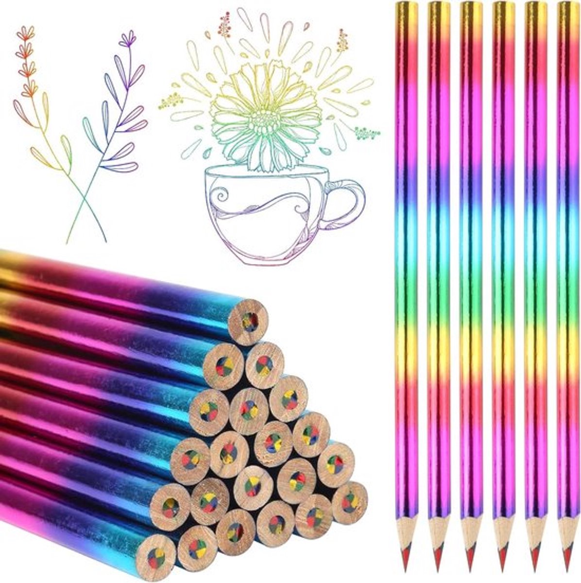24 Regenboogpotloden - Kleurpotloden voor Kinderen, 4-in-1 Houten Stiften voor Kunst en Creativiteit