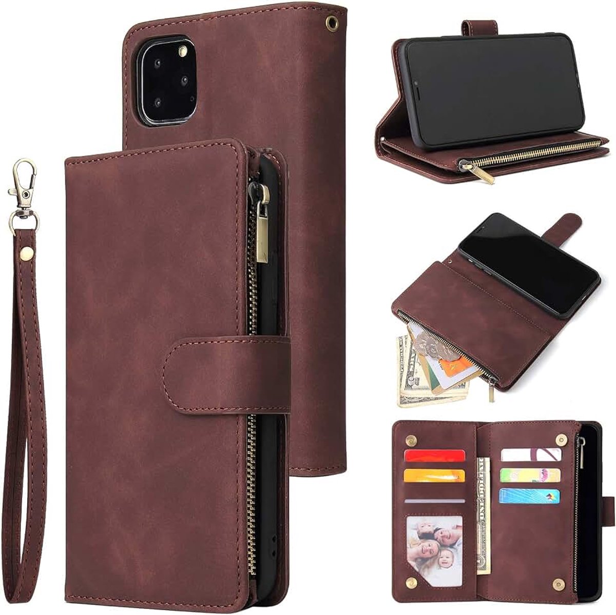 Beschermhoes voor iPhone 12 Mini 5,4 inch, beschermhoes van PU-leer, retro klaphoes, met kaartvakken, standfunctie, magneetsluiting, koffiebruin