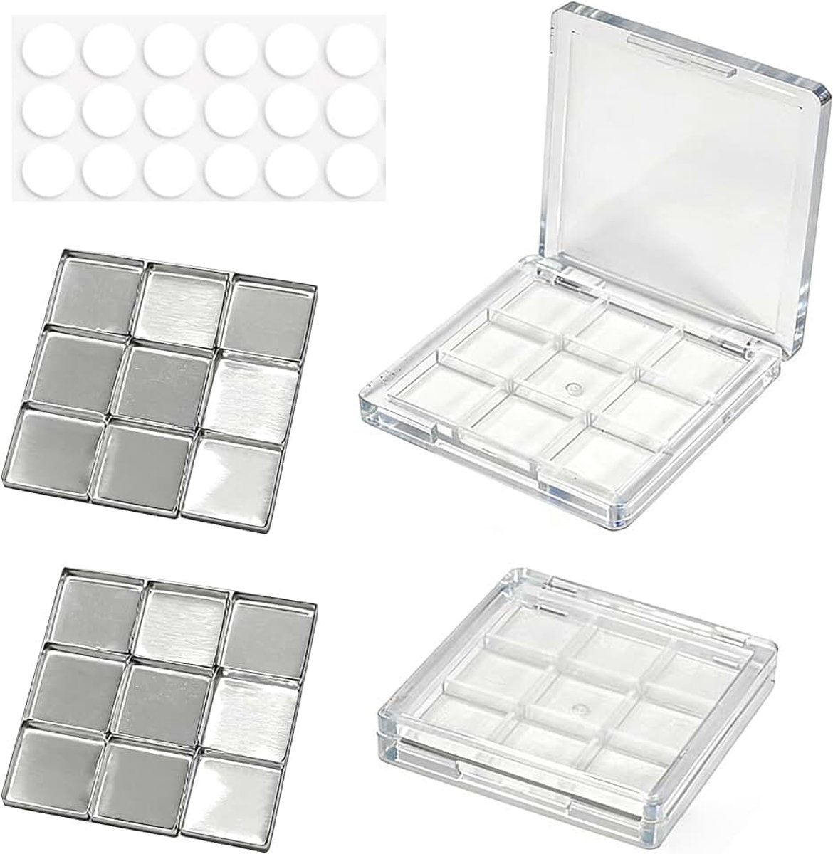 2 stuks lege make-up-paletdozen, oogschaduwpalet met 18 stuks vierkante metalen pannen, dubbelzijdige kleefpunten, transparant, navulbaar, cosmetische container, doe-het-zelf lippenstift