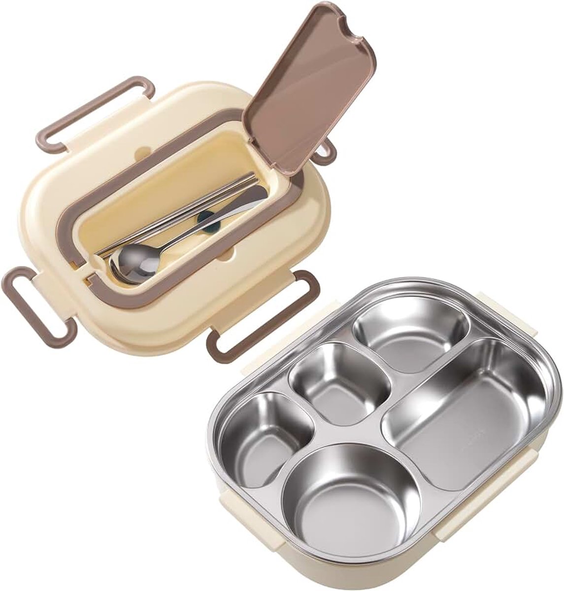 Broodtrommel van roestvrij staal, voor volwassenen, met vakken en afdichtring, broodtrommel voor kinderen, lekvrij, met lepel en eetstokjes, broodtrommel, draagbare bento box, beige