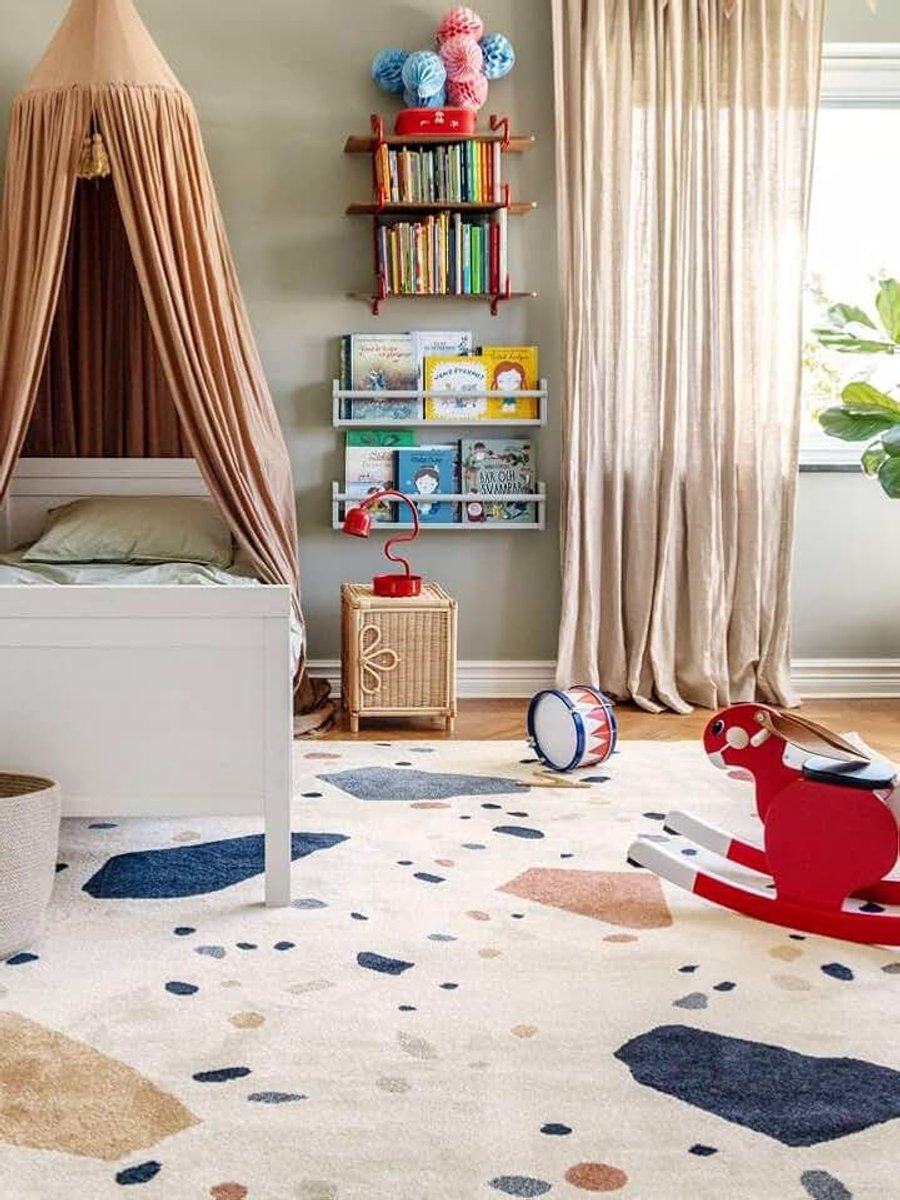 Beverly Kinderkleed, 140 x 200 cm, Crème wit Beige/Blauw | Moderne, Rechthoekig, Middelpolig, Alleen chemisch reinigen, Oeko-Tex 100, Zonder gevaarlijke chemicaliën, Kinderkamer