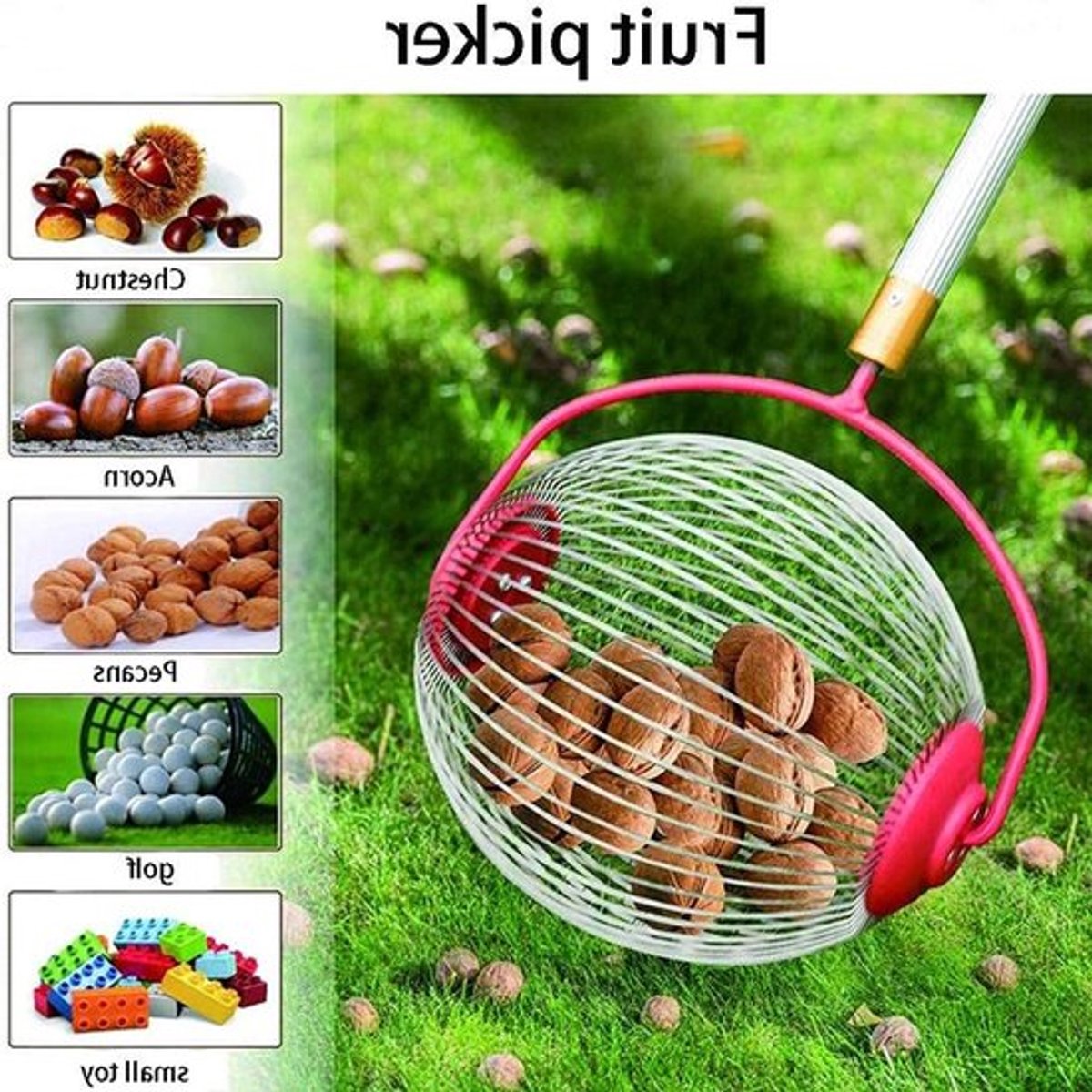 RVS Oogstmachine voor Noten, Walnoten en Kastanjes - Inklapbare Fruitverzamelaar met Wielen, 49 x 19 x 19 cm