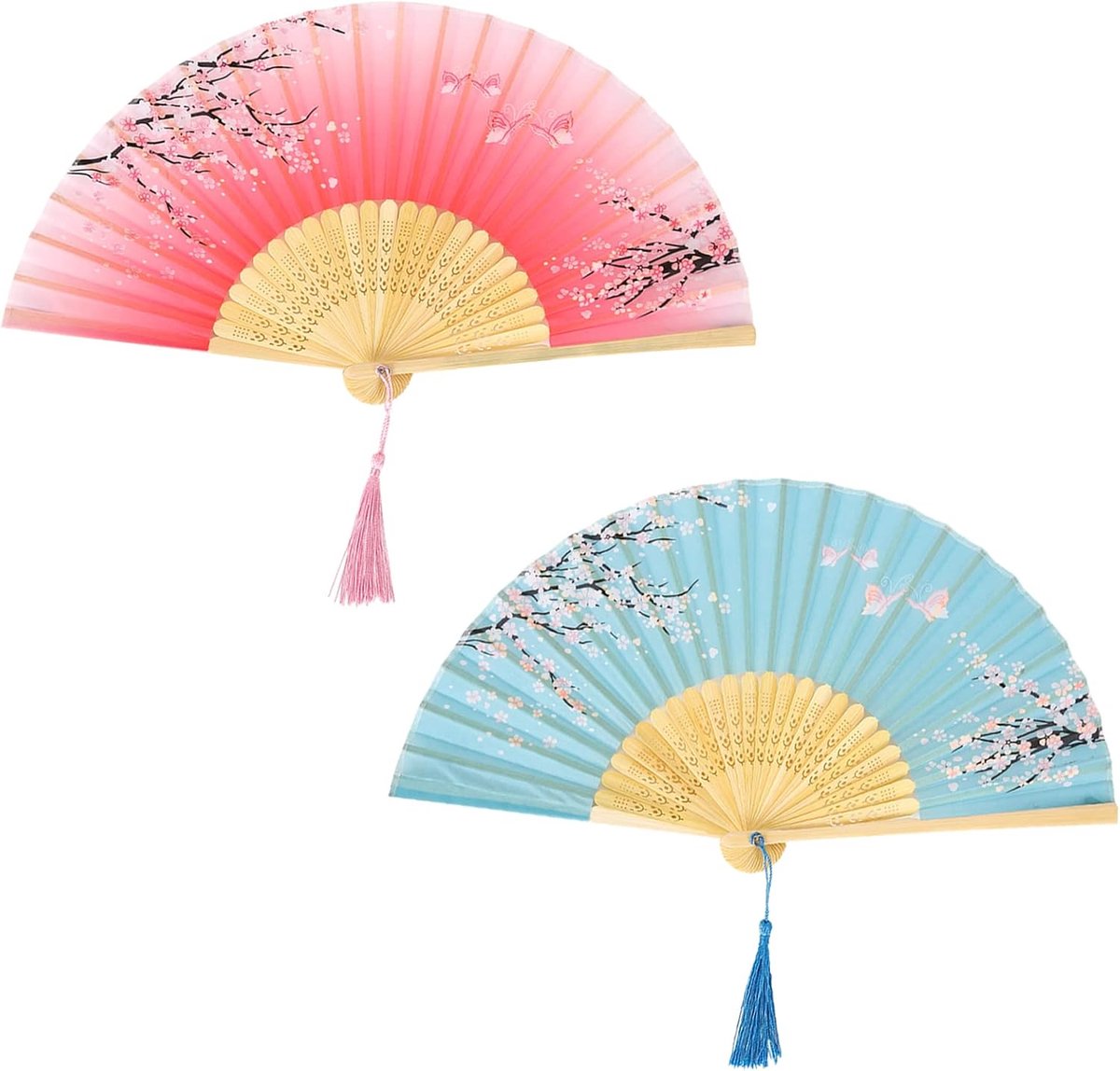Opvouwbare Handheld Vouwventilator voor Vrouwen 2 Stuks Chinese Zijde Stof Handheld Fans Met Kwastje Klassieke Bamboe Ventilator voor Wanddecoratie Bruiloft Decoratie (Blauw)
