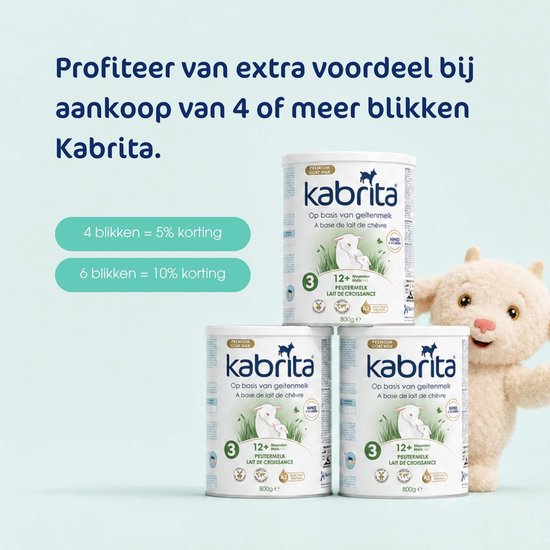 Drie blikken Kabrita geitenmelkflesvoeding met knuffelgeitje