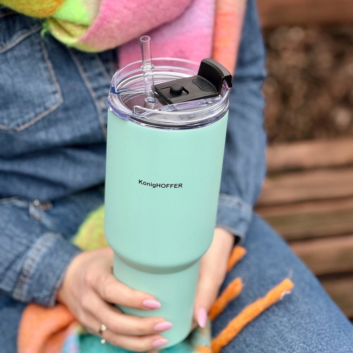 Grote Thermosbeker Davos 1200ml Groen met Rietje - Dubbelwandig