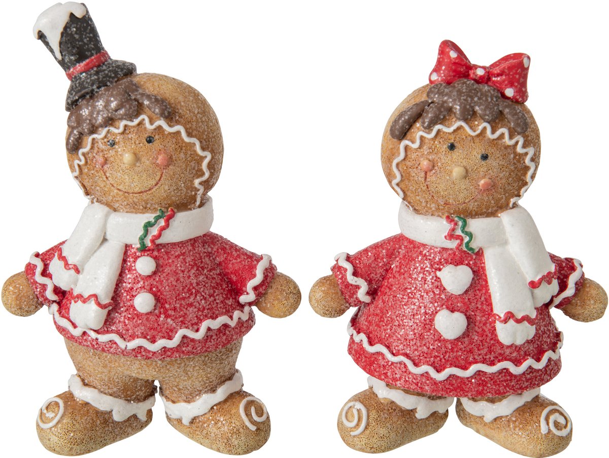 J-Line Peperkoekfiguur - polyresin - kerstrood/beige - large - assortiment van 2