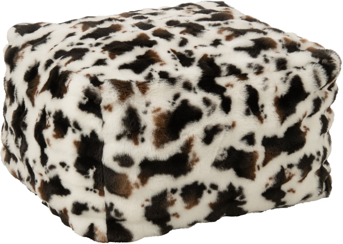 J-Line Poef met koeienmotief - polyester - wit/donkerbruin