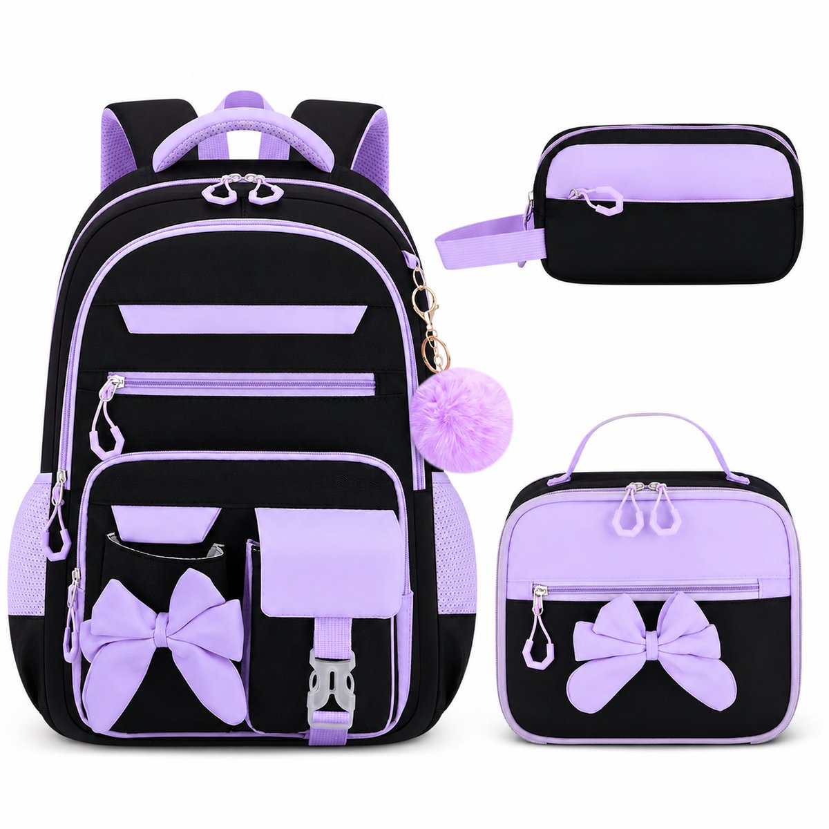 Meisjes Rugzak Set 3-delig - Schooltas Meisje met Geïsoleerde Lunchtas en Pennenzak - Ergonomische Kinderrugzak met Reflecterende Strips - Waterafstotende Boekentas voor Basisschool - Zwart en paars