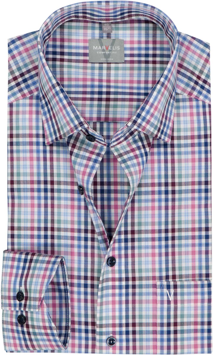 MARVELIS comfort fit overhemd - popeline - wit - rood - blauw en groen geruit - Strijkvrij - Boordmaat: 47 (EU maat: 3XL)