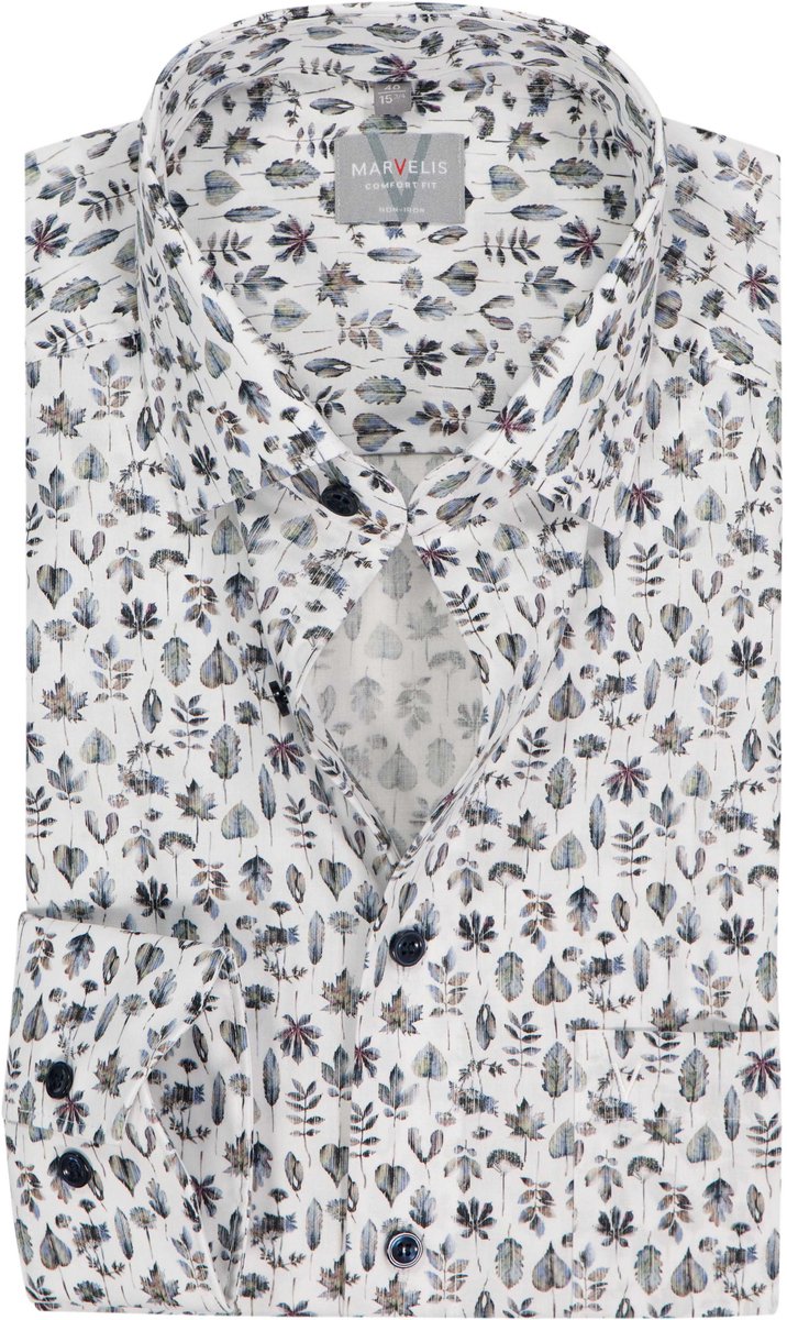 MARVELIS comfort fit overhemd - popeline - wit met blauw - groen en bruin bladeren dessin - Strijkvrij - Boordmaat: 45 (EU maat: XXL)