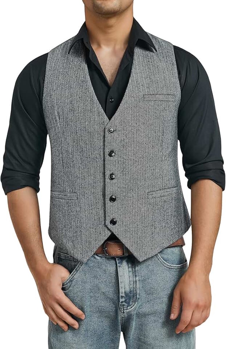 Gilet voor heren, visgraatmotief, tweed, voor formele en informele gelegenheden, wollen stof, V-hals, één maat, heuplengte, bruin