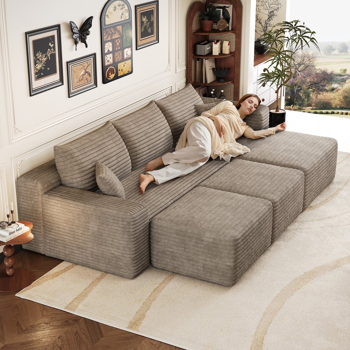 PHOEBE CAT Hoekbank - Slaapfunctie - L-bank - Met 2 poefs - Geen montage nodig - Camelkleur (Chaise naar rechts)