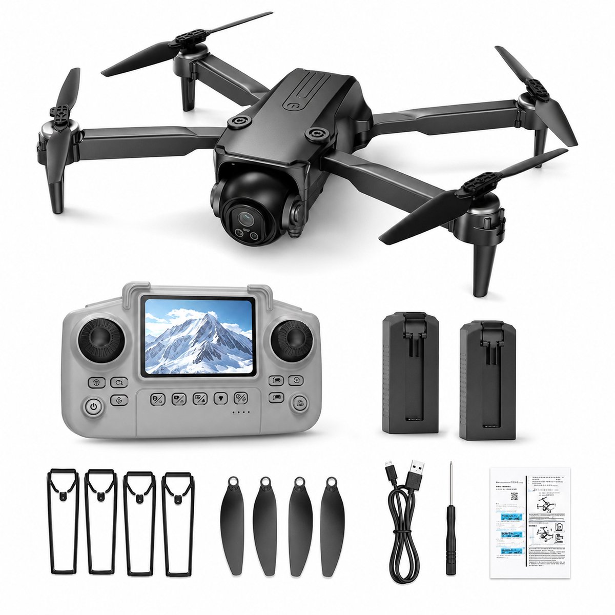 Gloovon® Drone met Camera - Schermcontroller & 2 Accu's - 4K Dubbele Lens - Opvouwbare Quadcopter - Zwart - Inclusief Luxe Case