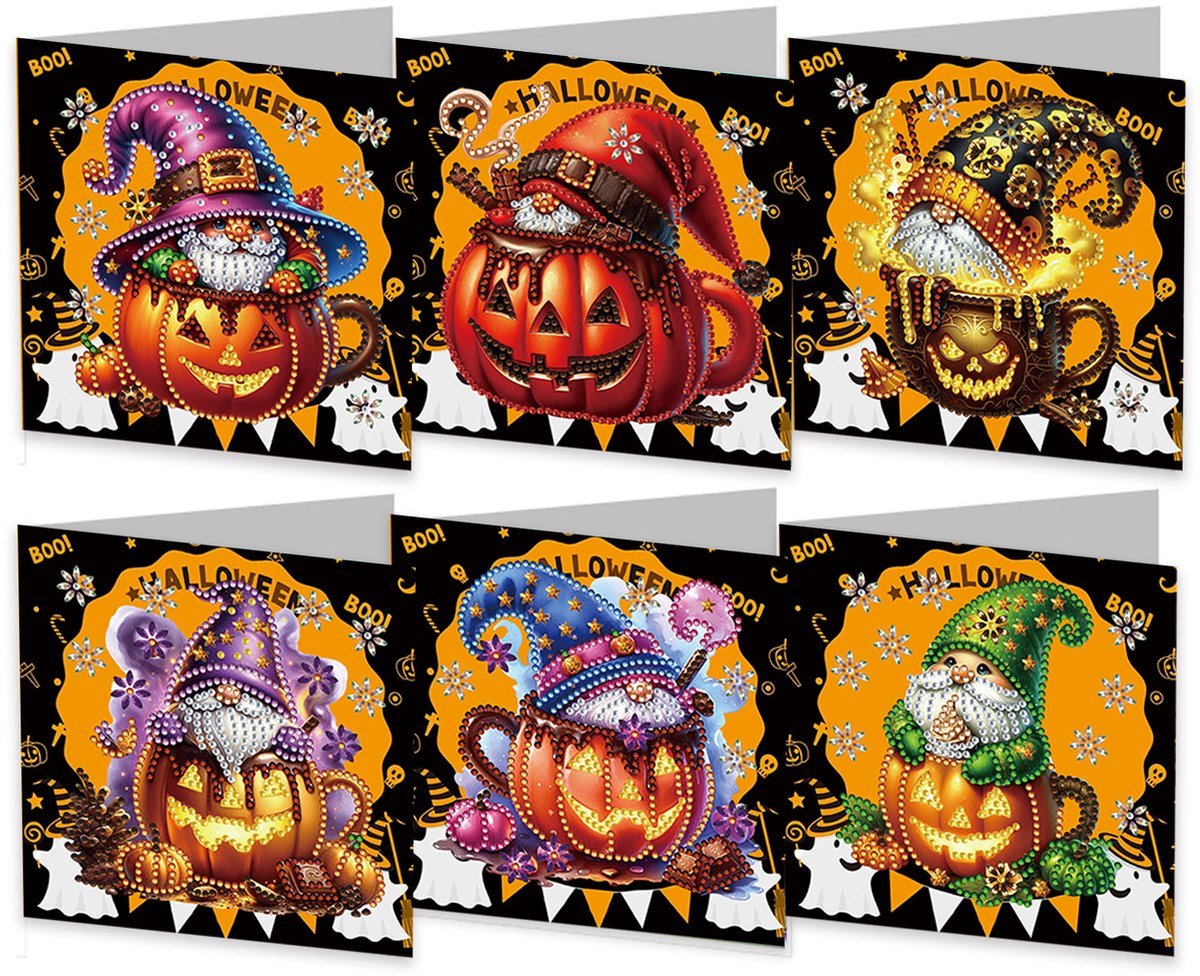 Casalora Diamond Painting kaarten - 6 Diamond Painting Wenskaarten - DIY Kaarten met Halloween, Enveloppen en Accessoires