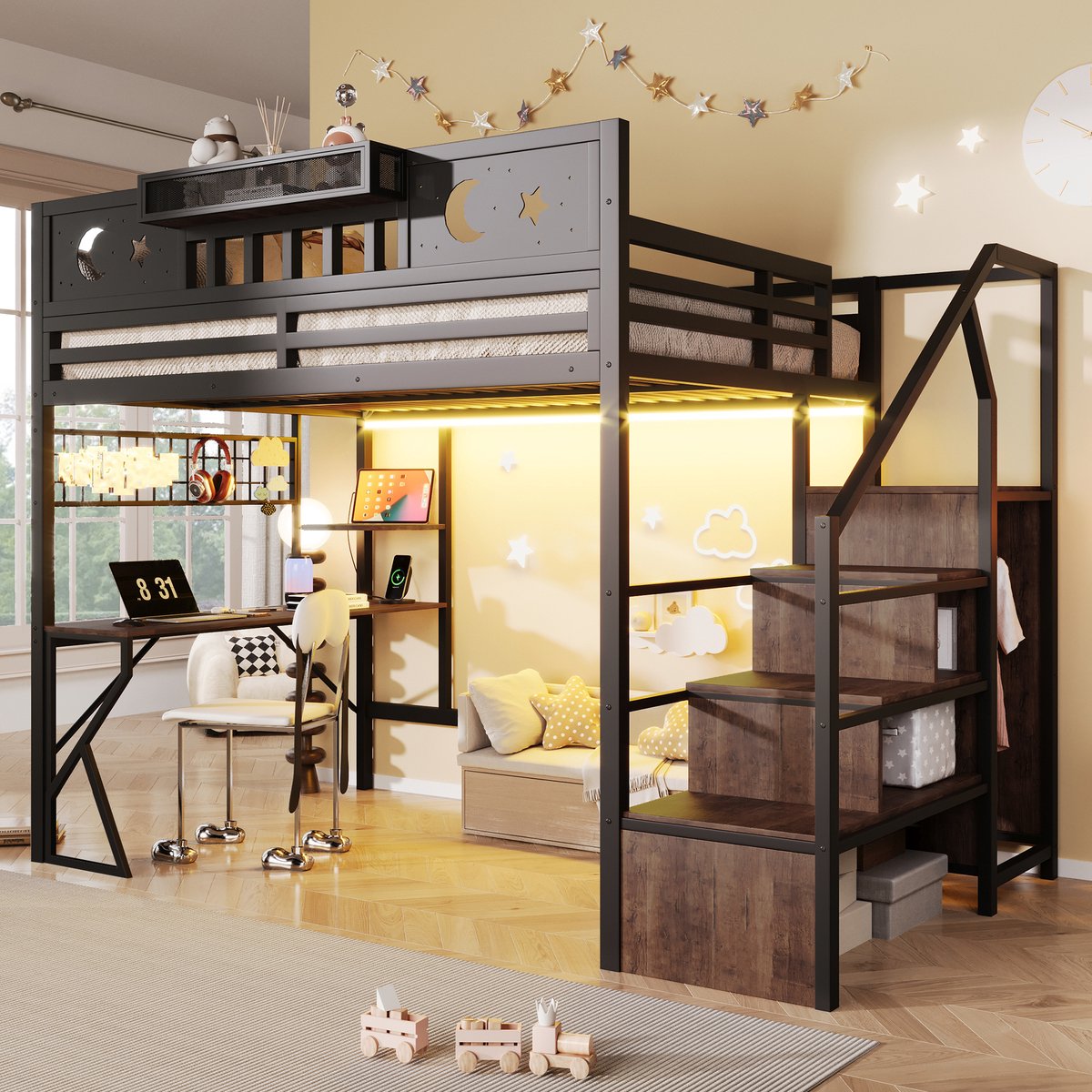 Hoogslaper 140x200 cm - Zwarte Kinderhoogslaper Met Bureau, LED Verlichting En USB Poort - Met Veiligheidsrek, Boekenkast En Opbergruimte